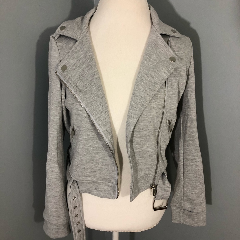 Grey bomber style moto jacket